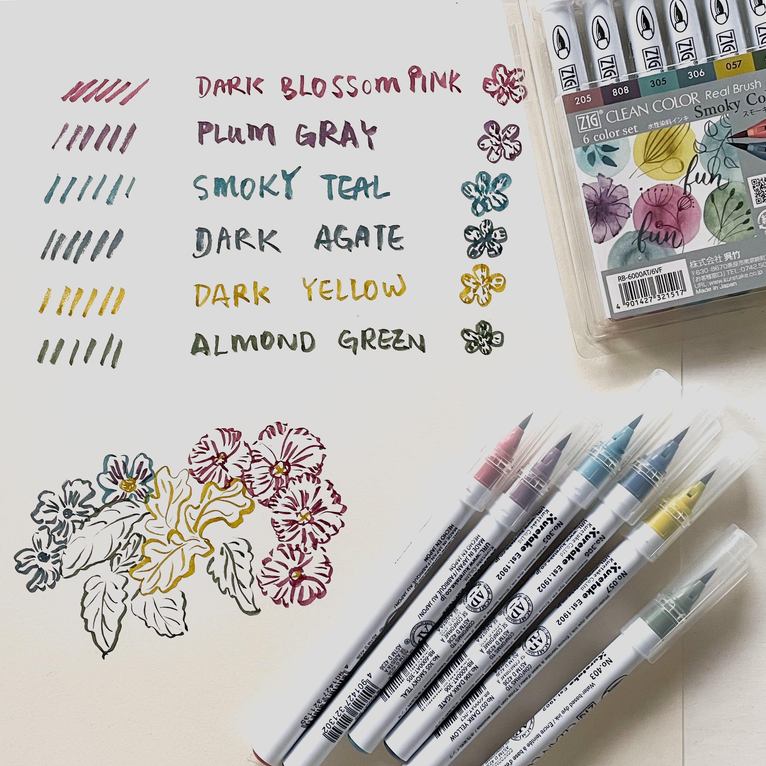 Kuretake ZIG CLEAN COLOR Real Brush 6 colors set Smoky Colors